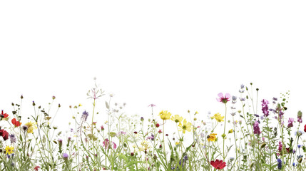 Field of mixed wildflowers in the breeze, isolated on transparent background © PixeloAI