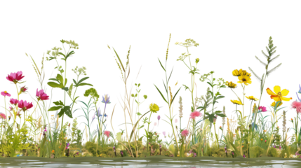 Wildflowers growing along a riverbank, isolated on transparent background
