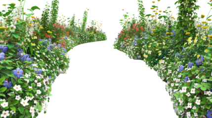 A garden path lined with wildflowers and creeper-covered walls, isolated on transparent background