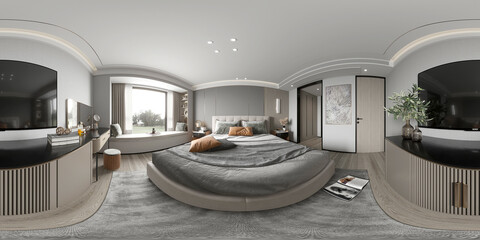 3d render of luxury hotel room, 360 degrees view