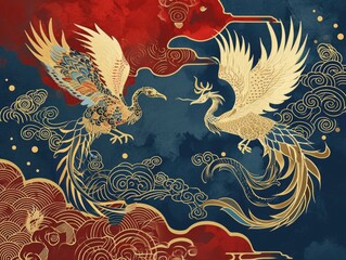 The picture of double phoenix that stay at opposite of each other on the red and blue side that the design of the phoenix come from east asian like chinese, korea or japan symbolize longevity. AIGX01.
