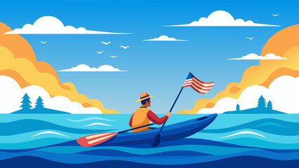 Against the backdrop of a vibrant July sky a lone kayaker glides through the still waters their kayak adorned with miniature American flags. Vector illustration