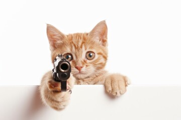 Kitten holding a toy gun on white background, humorous and playful