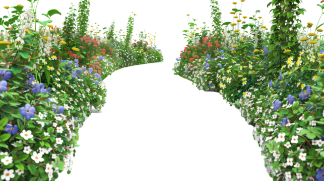 A garden path lined with wildflowers and creeper-covered walls, isolated on transparent background