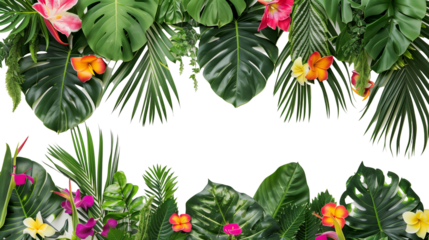 Wall of tropical leaves and interspersed bright flowers, isolated on transparent background