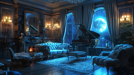 An atmospheric living room with plush velvet sofas and a grand piano bathed in soft, moonlit glow.