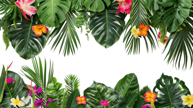 Wall of tropical leaves and interspersed bright flowers, isolated on transparent background