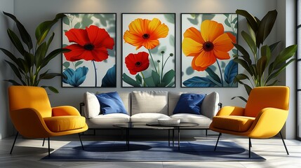 Modern art illustration of abstract floral posters with danish pastel colors for interior decoration, modern naive groovy funky paintings.