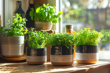 herbs in a pot, Immerse yourself in the joy of gardening with this enchanting visual featuring growing plants at home in special pots designed for growing herbs