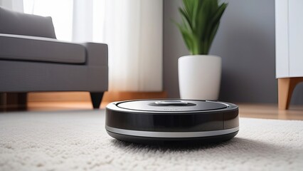 A round Robot Vacuum Cleaner Driving On Light Carpet in livingroom, close up