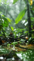 Wide shot of the rainforest with the frog in its habitat