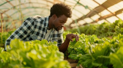 Man Inspecting Greenhouse Lettuce