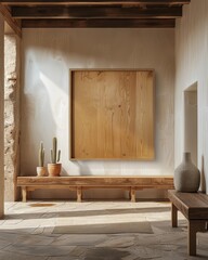  minimalist rustic desert interior design with simplified wood art frame mockup, on a rustic adobe plaster wall , surrounded by natural materials and hues of beige, and mature potted cacti