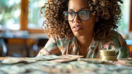 A contemplative woman surrounded by money on the table, reflecting on finances, savings, or budgeting decisions - obrazy, fototapety, plakaty