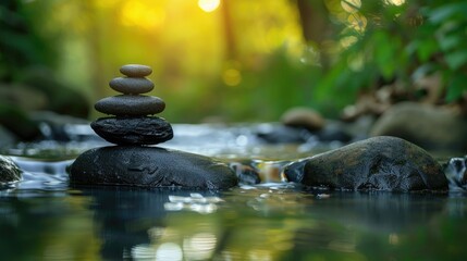 A stack of smooth, round stones in a shallow part of a swiftly flowing river.
