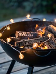 fireplace with firewood in it and a chain of lights lighting up between the firewood, in the style of a cozy summer evening