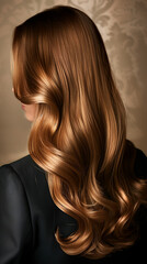 A professional photo of a Wella model showcasing her beautiful, flowing light brown hair from a back view, perfect for a hair dye package. The image captures the well-nourished, moisturized, and lush 