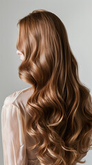 Obraz premium A professional photo of a Wella model showcasing her beautiful, flowing light brown hair from a back view, perfect for a hair dye package. The image captures the well-nourished, moisturized, and lush 