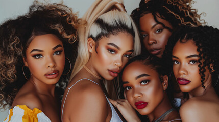 Fototapeta premium A hair photoshoot featuring a group of light-skinned Black women wearing various styles of pre-plucked lace wigs. This collection showcases the diversity and beauty of wig styles tailored to enhance n