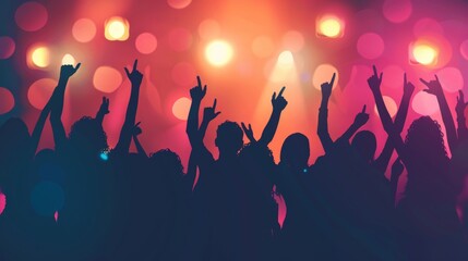 Silhouettes of a multicultural group cheering at a concert, with stage lights illuminating their figures