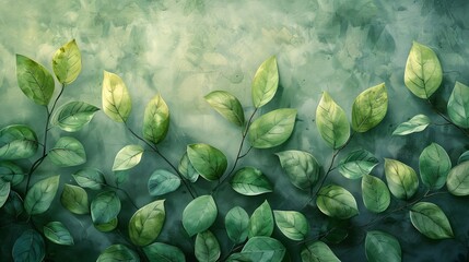 This is a vintage style foliage wall art template. Collection of hand drawn leaves with a green watercolor texture.