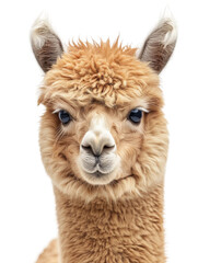 Naklejka premium A cute fluffy alpaca portrait isolated on white or transparent background, png clipart, design element. Easy to place on any other background.