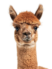 Obraz premium A cute fluffy alpaca portrait isolated on white or transparent background, png clipart, design element. Easy to place on any other background.