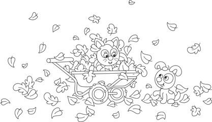 baby shoHappy little puppy and kitten playing with fallenl autumn leaves and a handcart in a yard of a village house in countryside, black and white vector cartoon illustration for a colorwer elements