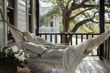 A serene front porch with a hammock and a stack of cozy blankets, perfect for lazy weekend afternoons.