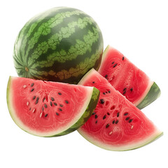 A fresh ripe watermelon is cut into slices and isolated on white or transparent background, png clipart, design element. Easy to place object on any other background.