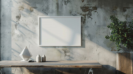 Amidst a backdrop of urban sophistication, a white empty frame hangs against a concrete wall, juxtaposed with a rustic wooden dining table adorned with a single geometric sculpture.