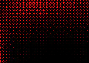 Halftone texture with red dots on a black background. Minimalism, vector. Background for posters, websites, business cards, postcard design