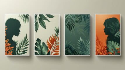 The smallest and most minimal Boho Poster Set featuring leaves and organic shapes. Modern Foliage Line Art Drawing. Abstract Creative Wall Art for Print, Poster, Cover.