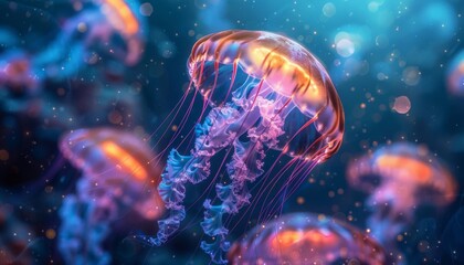 Luminous jellyfish drifting in a deep sea environment, perfect for marine biology content or mystical underwater themes