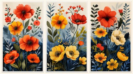 A set of abstract Flower Market posters. Floral wall art in vibrant colors with a naive groovy funky flair. Modern illustration.