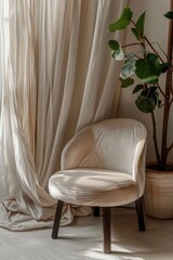  A FRONT VIEW of beige VELVET chair , with backdrop of linen curtain and planter, minimal, close up 