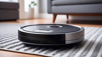 A round Robot Vacuum Cleaner Driving On gray Carpet in livingroom, close up
