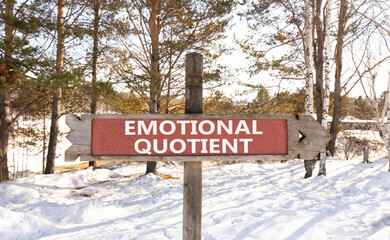 EQ emotional quotient symbol. Concept words EQ emotional quotient on beautiful wooden road sign. Beautiful forest snow sky background. Business psychology EQ emotional quotient concept. Copy space.
