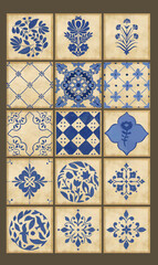 Vintage illustration of a collection of glazed azul tiles for decoration and postcard design.