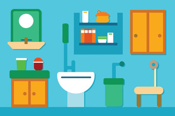 School toilet interior icons set cartoon vector. Public restroom. Furniture water closet Vectors design