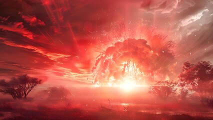 Dramatic depiction of a nuclear explosion in a cinematic apocalypse setting. Concept Nuclear Explosion, Apocalypse Cinematography, Dramatic Scene, Special Effects, Post-Apocalyptic Vibe