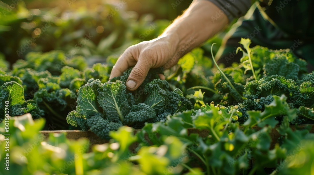 Poster hand harvesting vegetables, kale, bok choy, salad greens, wide angle, morning light