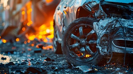 Image of accident damage near building: Flat car tire in yard. Concept Car Accident, Vehicle Damage, Flat Tire, Urban Setting, Outdoor Scene