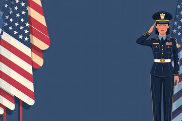 A flat design of a female soldier in uniform saluting at US flag.