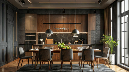 A well-appointed kitchen room with a modern interior design, highlighted by a wooden dining set against a backdrop of a dark classic wall, exuding refined charm.