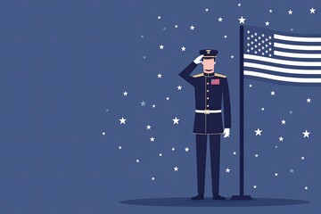 A flat design of a soldier in uniform saluting at US flag.