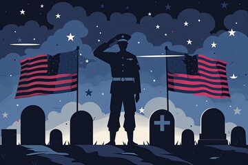 A flat illustration of an American soldier in uniform saluting at US flags and tombstones for fallen soldiers.