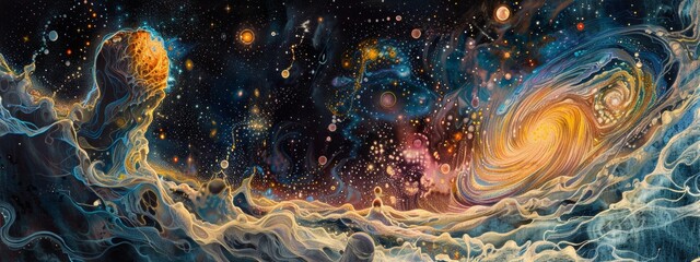 A meticulously rendered pastel drawing of a celestial landscape filled with swirling galaxies and glowing stars.