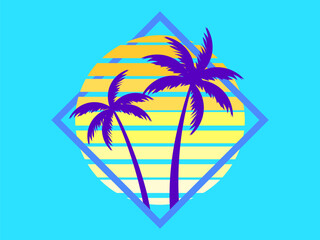 Silhouettes of two palm trees at sunset in a retro futuristic style. Composition of palm trees at sunset in a square frame. Design of advertising banners and posters. Vector illustration