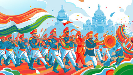 Vibrant Military Parade Illustration with Marching Band and Festive Atmosphere